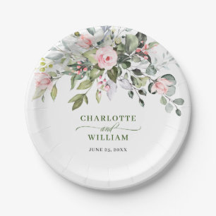 Assiettes En Carton Élégant Eucalyptus rose Blush Mariage Rose