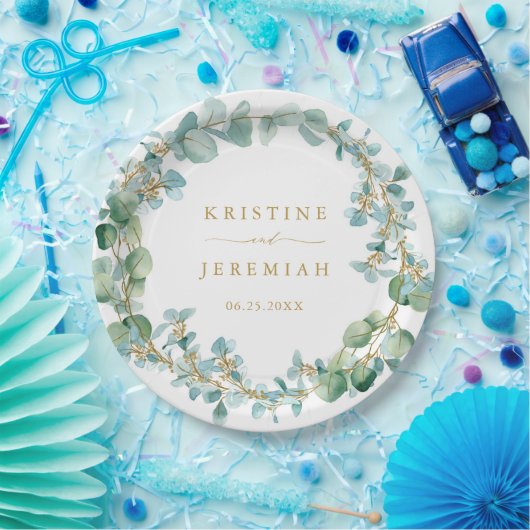 Assiettes En Carton Elégant Eucalyptus Verdure Wreath Gold Mariage (Fête)