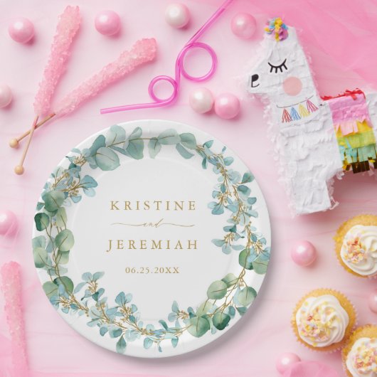 Assiettes En Carton Elégant Eucalyptus Verdure Wreath Gold Mariage (Fête)