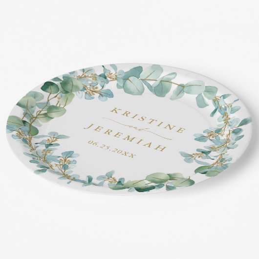 Assiettes En Carton Elégant Eucalyptus Verdure Wreath Gold Mariage (Angle)