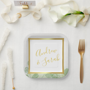 Assiettes En Carton Élégant Eucalyptus Vert & Or Minimaliste