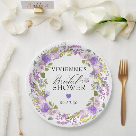 Assiettes En Carton Élégant Fête de Mariage Florale Violette (Mariage)