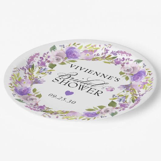 Assiettes En Carton Élégant Fête de Mariage Florale Violette (Angle)