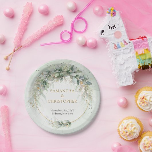 Assiettes En Carton Élégant feuillage vert faux or Papier Plaque (Fête)