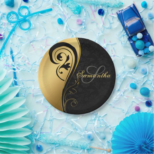 Assiettes En Carton Élégant, feuille d'or, tourbillons, damas noir, mo (Fête)