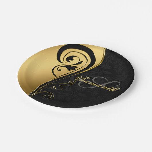 Assiettes En Carton Élégant, feuille d'or, tourbillons, damas noir, mo (Angle)