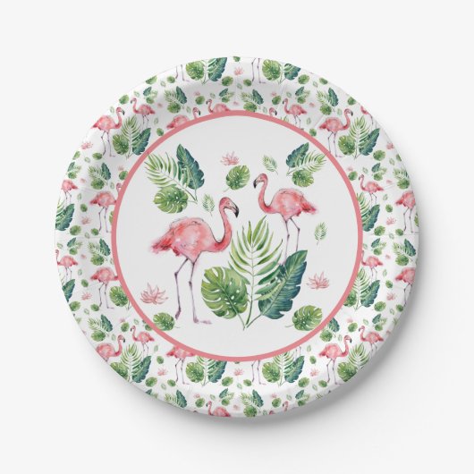 Assiettes En Carton Élégant Flamant rose rose Tropical Feuille Motif (Devant)