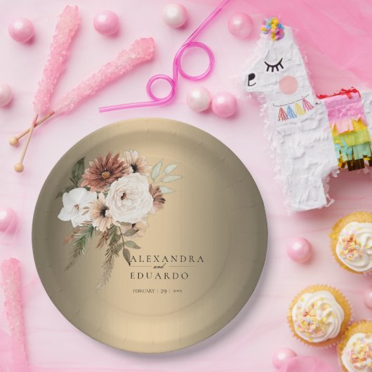 Assiettes En Carton Élégant Fleur sauvage rustique Mariage or (Fête)