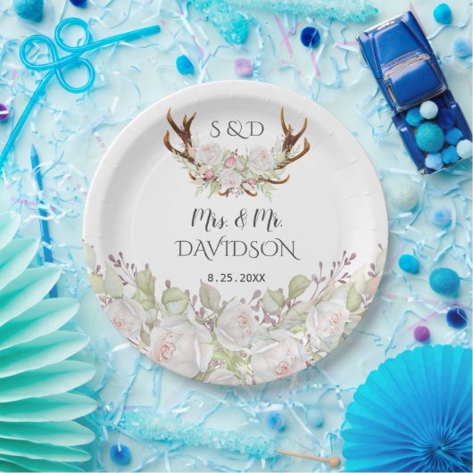 Assiettes En Carton Elégant Fleurs blanches Antlers Monogram Mariage (Fête)