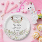 Assiettes En Carton Elégant Fleurs blanches Antlers Monogram Mariage (Fête)