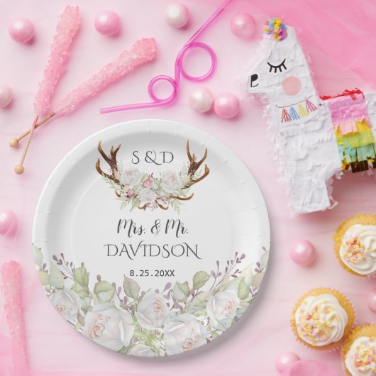 Assiettes En Carton Elégant Fleurs blanches Antlers Monogram Mariage (Fête)