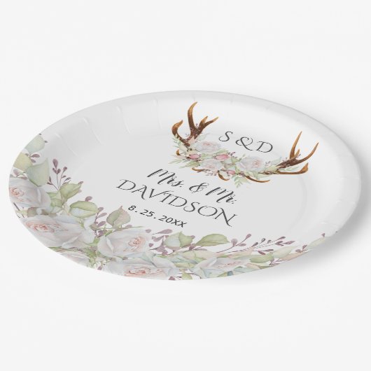 Assiettes En Carton Elégant Fleurs blanches Antlers Monogram Mariage (Angle)