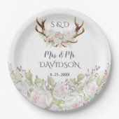 Assiettes En Carton Elégant Fleurs blanches Antlers Monogram Mariage (Devant)