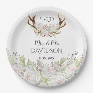 Assiettes En Carton Elégant Fleurs blanches Antlers Monogram Mariage