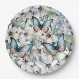 Assiettes En Carton Élégant floral et papillons