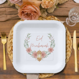 Assiettes En Carton Elégant Floral moderne Aïd Moubarak rose blanc