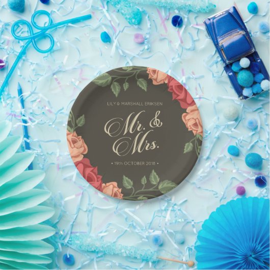 Assiettes En Carton Élégant Floral Mr & Mrs Mariage | Plaque papier (Fête)