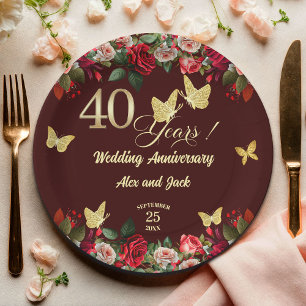 Assiettes En Carton Élégant floral or 40e anniversaire de mariage