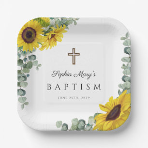 Assiettes En Carton Élégant floral Sunflower Cross Baptism