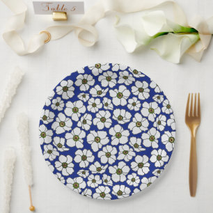 Assiettes En Carton Élégant floral tropical bleu et blanc