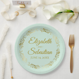 Assiettes En Carton Elégant Frilly Bordure Mint Vert & Or Mariage