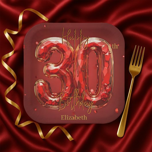 Assiettes En Carton Elegant Gemstone Ruby and Gold 30th Birthday