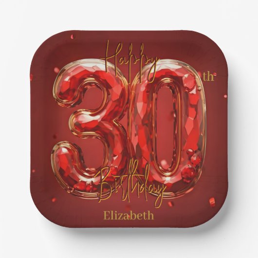 Assiettes En Carton Elegant Gemstone Ruby and Gold 30th Birthday (Recto)