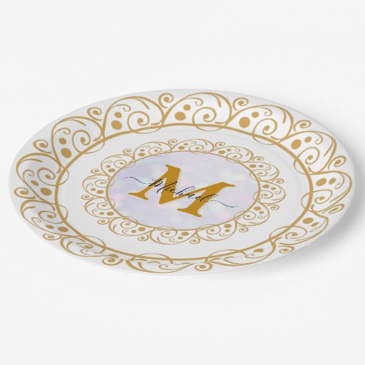 Assiettes En Carton Elegant Gold Glitter Initial & Name (Angle)