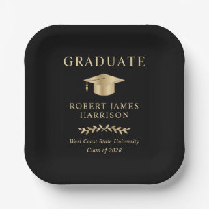 Assiettes En Carton Élégant Gold Grad Casquette Black Graduation Party