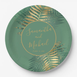 Assiettes En Carton Elégant Gold Green Plante Feuille Mariage
