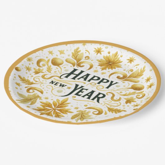 Assiettes En Carton Elegant Gold Happy New Year Paper Plate (Angle)