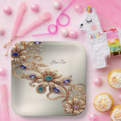 Assiettes En Carton Elegant Gold Jewel Flowers Paper Plate (Fête)