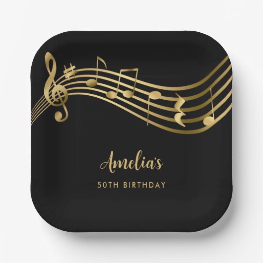 Assiettes En Carton Elegant Gold Music Notes 50th Birthday Black (Recto)