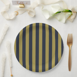 Assiettes En Carton Elégant Gold & Navy Blue Vertical Stripes