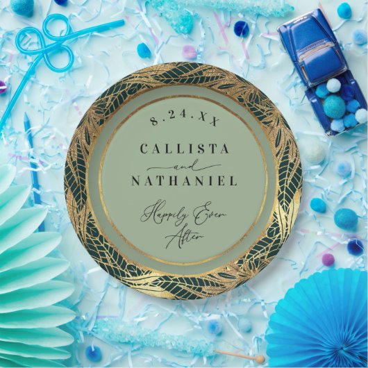 Assiettes En Carton Elégant Gold Sage Vert verdure Feuille Mariage (Fête)