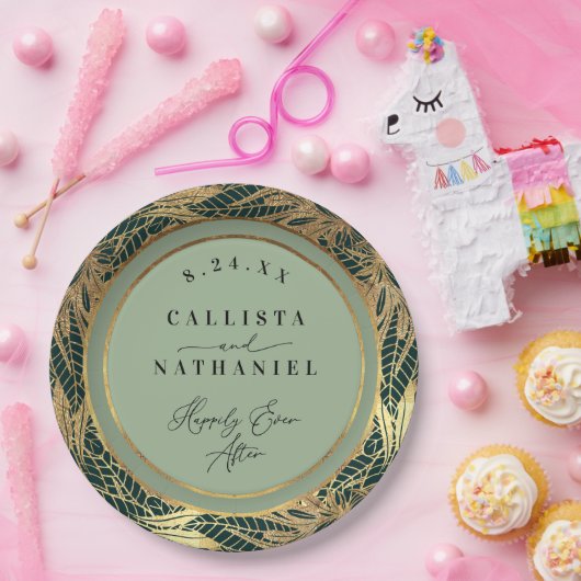 Assiettes En Carton Elégant Gold Sage Vert verdure Feuille Mariage (Fête)
