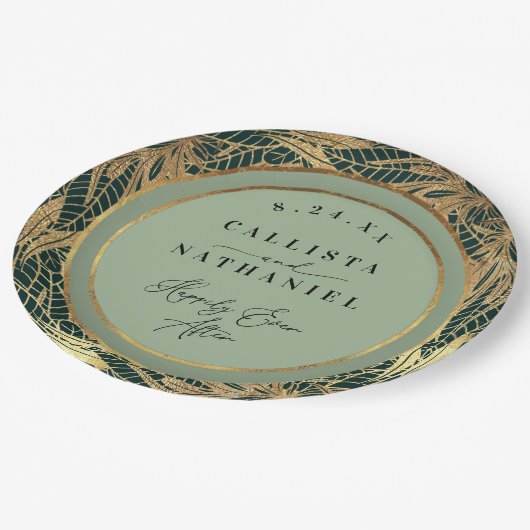 Assiettes En Carton Elégant Gold Sage Vert verdure Feuille Mariage (Angle)