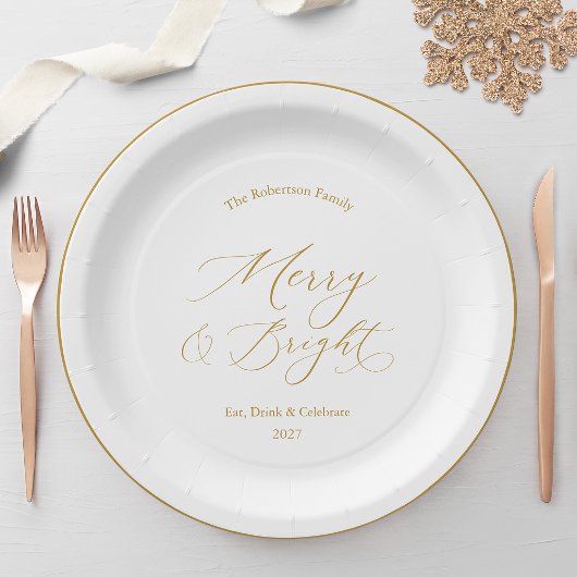 Assiettes En Carton Elegant Gold Script “Merry & Bright” Christmas