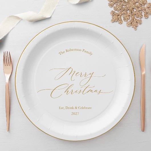 Assiettes En Carton Elegant Gold Script “Merry Christmas”