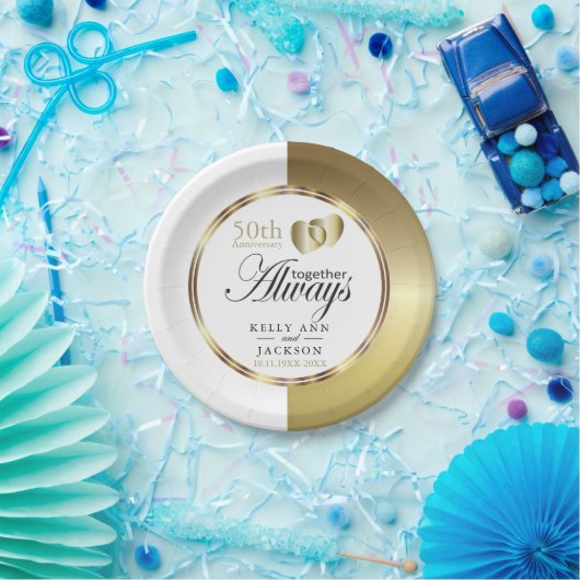 Assiettes En Carton Elégant Golden 50th Heart Design (Fête)