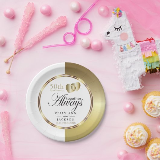 Assiettes En Carton Elégant Golden 50th Heart Design (Fête)