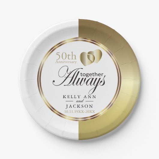 Assiettes En Carton Elégant Golden 50th Heart Design (Devant)