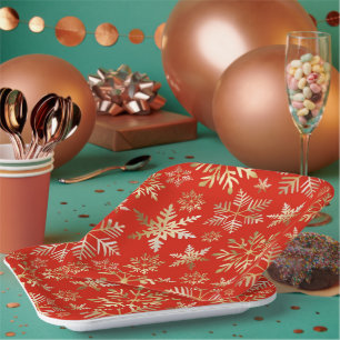 Assiettes En Carton Élégant Golden Snowflakes Lava Red Christmas