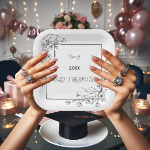 Assiettes En Carton Elégant Graduation Bordure florale noire et blanch