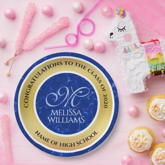 Assiettes En Carton Élégant Graduation Monogramme Bleu Marbre Or Huile (Fête)