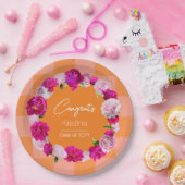 Assiettes En Carton Élégant Gras Floral Orange & Pink Check Graduation (Fête)