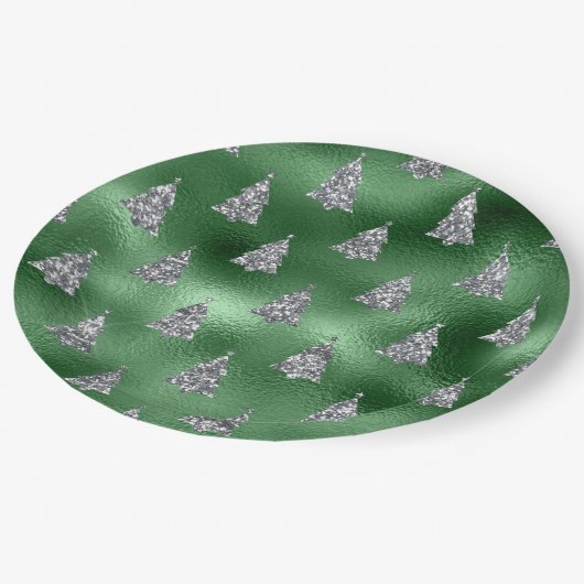 Assiettes En Carton Elegant Green & Faux Silver Trees Christmas  (Angle)