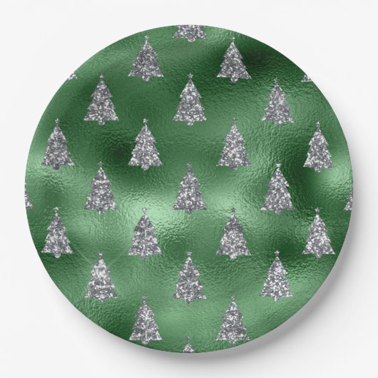 Assiettes En Carton Elegant Green & Faux Silver Trees Christmas (Devant)