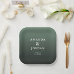 Assiettes En Carton Elegant Green Minimalist<br><div class="desc">This elegant wedding plate features a sophisticated gradient background transitioning from soft mint to deep forest green, creating a calming and natural aesthetic. The design showcases clean, modern typography with centered names and details in a minimalist sans-serif font, emphasizing clarity and simplicity. Perfect for formal occasions, the understated elegance of...</div>