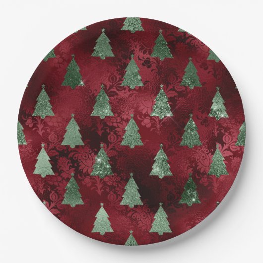 Assiettes En Carton Elegant Green Trees Red Faux Foil Christmas  (Devant)